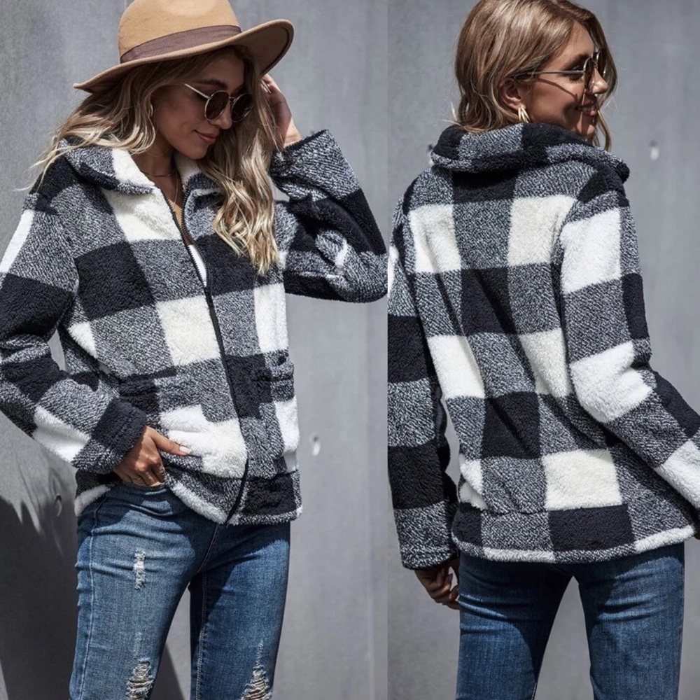 Gingham buffalo plaid zip up teddy jacket black - Picture 2 of 4